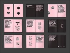 an open book with black and pink designs on it