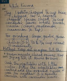 a handwritten recipe for white kima with blue writing on the bottom right corner