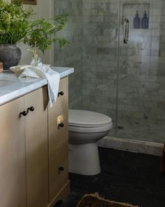 a white toilet sitting next to a shower in a bathroom on top of a rug