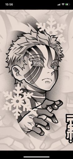 a drawing of an anime character with snowflakes on his head and hands in front of