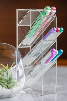 several toothbrushes are in a clear holder on the table next to some plants