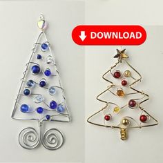 two christmas trees made out of wire and glass beads are shown next to each other