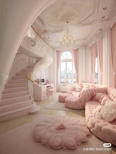 a living room filled with lots of pink furniture and decor on top of carpeted flooring