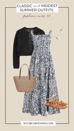 Cute Outfits For Women Over 50, Summer Dresses For Women Over 40 Over 50, Over 60 Fashion Casual, Classic Summer Outfits For Women, Timeless Summer Outfits, Summer Maxi Dress Outfit, Night In Italy, Black Crochet Cardigan, Classic Summer Outfits