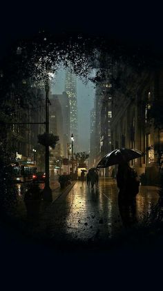 people walking in the rain with umbrellas on a city street at night under tall buildings