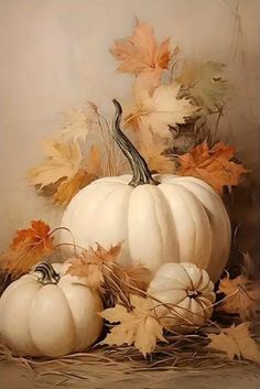 a painting of white pumpkins and autumn leaves