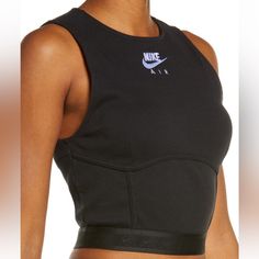 Women's Nike Air Black Ribbed Tank Nwt Size Xs Nike Fitted Crop Top For Workout, Black Ribbed Top For Streetwear, Nike Sports Crop Top, Black Sports Crop Top For Spring, Black Fitted Tank Top With Crew Neck, Black Fitted Crew Neck Tank Top, Nike Black Sporty Tank Top, Black Tops With Medium Support For Streetwear, Black Sports Tank Top For Spring