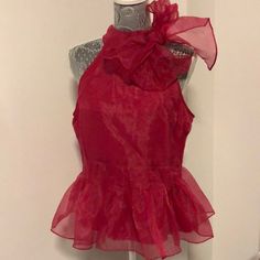 Brand New, Very Popular Color Red Evening Blouse For Spring, Silk Feminine Party Top, Red Sleeveless Formal Tops, Formal Red Sleeveless Top, Red Ruffled Tops For Evening, Fitted Feminine Red Blouse, Red Silk Blouse For Spring, Red Sleeveless Feminine Blouse, Red Silk Sleeveless Top