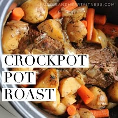 crockpot pot roast with carrots, potatoes and meat in the slow cooker