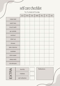 Self Care Checklist | Printable Digital PDF S Checklist For Self Care, Planner Daily Routine, Healthy Planner Ideas, Weekly Self Care Planner, Daily Selfcare Checklist, Daily Routine Schedule Mental Health, Self Care Checklist Ideas, Mental Health Care Routine, Daily Routine Planner Ideas