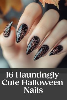 How To Make A Pumpkin Nail Art, Dark Blue Spooky Nails, Black Nails With Cobwebs, Black Glitter Spider Web Nails, Spooky Nails Acrylic Almond, Halloween Wedding Nail Ideas, Short Coffin Nails Halloween, Black Almond Nails Halloween, Spider Web Nails Almond