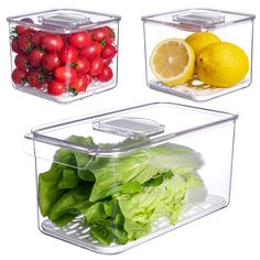 three plastic containers with vegetables and fruits in them on top of each other, one containing lettuce, the other containing tomatoes and lemons