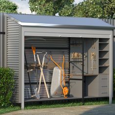 an outdoor storage shed with tools in it