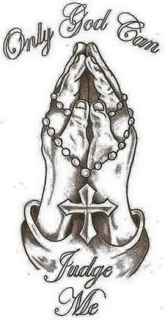 an image of two hands holding the cross and beads with words only god can judge me