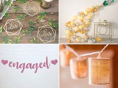 four different pictures with the words engaged on them and flowers in vases next to each other