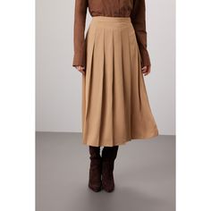 Brown satin (73% Recycled Polyester, 27% Polyester). Lining (100% Recycled Polyester). A-line. Side zipper closure. 33.5" from shoulder to hemline. Imported. Chic Brown Lined Pleated Skirt, Classic Brown Pleated Skirt, Elegant Knee-length Brown Pleated Skirt, Brown A-line Pleated Lined Skirt, Relaxed Midi-length Lined Pleated Skirt, Brown Satin, Box Pleats, Rent The Runway, Pleated Midi Skirt