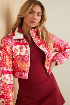 This patchwork floral quilted cropped jacket is a cozy and stylish statement piece, perfect for adding a touch of charm to your wardrobe. The sherpa collar provides extra warmth and comfort, while the zipper closure and cropped length offer a modern and versatile silhouette. Bow Skirt, Active Jacket, Altar'd State, Cropped Jacket, Crop Jacket, Quilted Jacket, Quilt Inspiration, Patchwork Quilts, Sweater Skirt