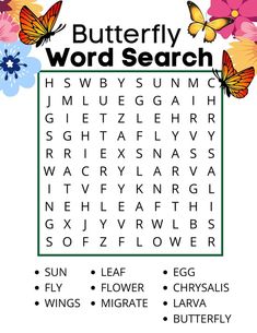 a butterfly word search is shown in this image