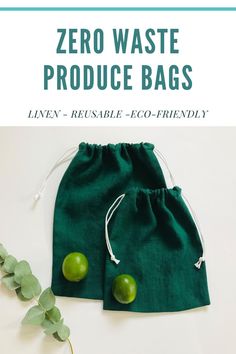 the zero waste produce bag with two green apples in it and text overlay that reads,