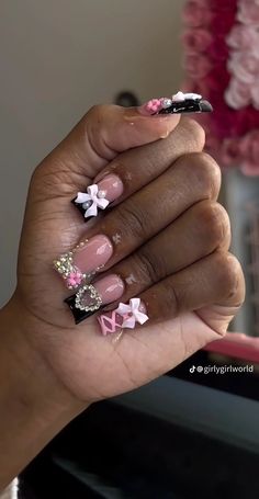 Extra Baddie Nails, Junk Duck Nails, Long Nails Ideas, Nails With Charms, Pink Photoshoot, Black Acrylic Nails, Diy Acrylic Nails