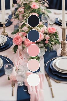 the table is set with blue, pink and white place settings for an elegant wedding