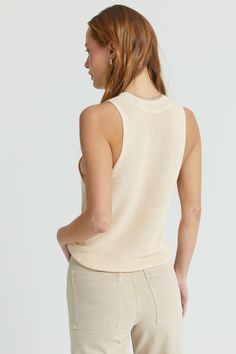 Our ribbed knit sleeveless top is the essential warm weather top. It's airy and shows just enough shoulder for a cool summer look.