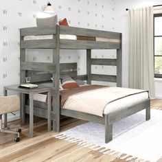 Sophisticated style with a touch of farmhouse beauty. Our Rustic Twin over Full L-Shape Bunk Bed + Desk creates a classic-chic space that pairs with your room’s design and decor. Its unique L-shape configuration stacks two sleeping surfaces to open up more space in your room. Crafted with solid New Zealand pine wood and clean, low VOC finishes for incredible strength and durability. A solid plywood slat roll and metal support bar provide support for up to 400 lbs per sleeping surface. The includ Bunk Bed Desk, Bunk Bed For Adults, Rustic Wood Bed, L Shaped Bunk Beds, Adult Bunk Beds, Queen Bunk Beds, Bunk Bed With Desk, Solid Wood Bed Frame, Wooden Bunk Beds