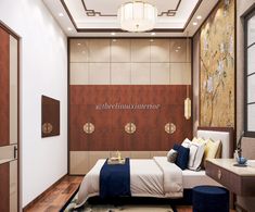 a bedroom with wood paneling and white walls