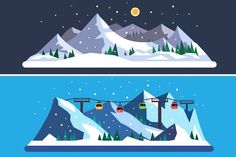 two snow covered mountains with ski lifts in the middle and below them, at night