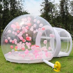 an inflatable bubble ball with pink and red balloons floating inside it on the grass