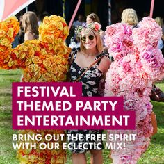 two women standing next to each other with flowers on their head and the words festival themed party entertainment bring out the free spirit with our eclectic mix