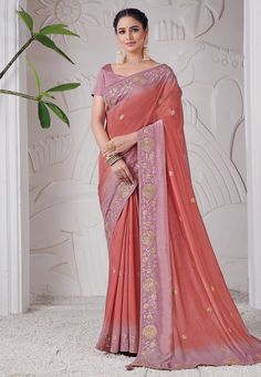 Peach viscose festival wear saree 41614  Desc:  Color : Peach Fabric : Silk   Viscose Work : Embroidery Wash Care : Dry clean Sleeve Style : Short Sleeve Long Sleeves : Done only in Custom Stitch Sleeves Lining : Done only in Custom Stitch Bust Size : 32 to 40 Inches Occasion : Kitty Party   Mehendi   Social Gathering   Pongal   Gudi Padwa   Onam. With Express Free Shipping and Custom Stitching, Buy Indian Wedding Party Wear Saree Peach viscose festival wear saree 41614 online in USA, UK and Can Indian Wedding Party, Dusty Peach, Wedding Sari, Raw Silk Saree, Party Wear Saree, Embroidered Saree, Ethnic Sarees, Silk Saree Blouse, Wedding Saree Indian