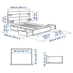 a drawing of a bed frame with drawers and headboard, measurements for each side