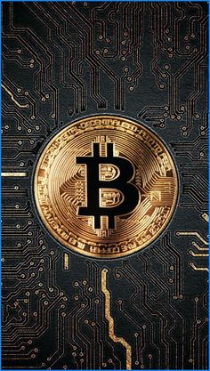 a bitcoin is shown on top of a computer circuit with blue border around it