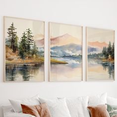 three watercolor paintings hang on the wall above a white couch in a living room