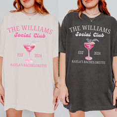 two women standing next to each other wearing t - shirts that say the williams social club