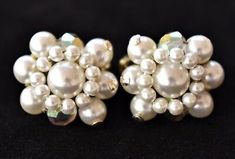 50s Faux Pearl Aurora Borealis Beaded Cluster Earrings Clip On Marked Japan | eBay Clip Earrings Vintage, Vintage Beaded Clip-on Earrings For Party, Vintage Beaded Round Earrings, Beaded Wedding Earrings In Costume Jewelry Style, 50s Earrings, 50s Jewelry, 1950s Earrings, Father Brown, Head Crown