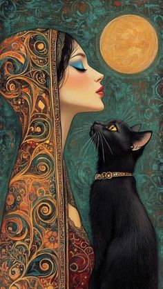 a black cat sitting next to a woman's face with the moon in the background