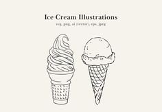 two ice cream cones are shown in this black and white illustration with the words ice cream illustrations