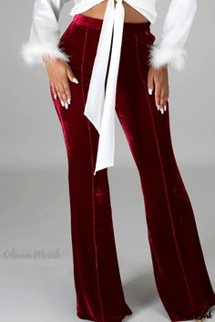 Olivia Mark - High Waist Red Solid Womens Casual Trousers featuring Stylish Patchwork Accents Slim Fit Casual Pants, Velvet Bell Bottoms, Patchwork Trousers, High Waisted Flare Pants, High Waist Trousers, Velvet Flares, Casual Wide Leg Pants, Wide Leg Linen Pants, High Waisted Flares