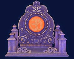 an ornate purple clock with orange and blue design