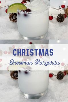 two glasses filled with snowman margaritas on top of a white table covered in pine cones