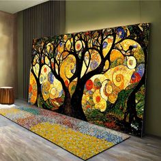 a large painting on the wall in a room with rugs and table cloths