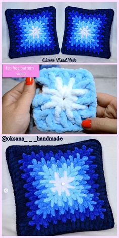 crocheted blue and white square with snowflakes on the front, in three different views