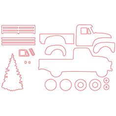 a line drawing of a truck next to a christmas tree and other items on a white background