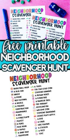 the free printable neighborhood scavenger hunt is shown on a pink table with blue and