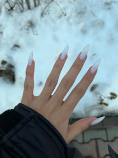 Trending Long Nails, Milky White Almond Nails, White Stiletto Nails, Long Almond Nails, Nyc Nails, White Manicure, Long Almond