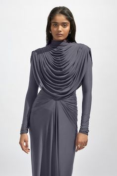 Purple dress featuring a high cowl neck and draped detailing, Fit: Relaxed Gray Maxi Dress, Raya 2023, Femme Fatale Aesthetic, Office Wears, Luxurious Dresses, Cowl Dress, Purple Maxi Dress, Purple Maxi, Grey Maxi