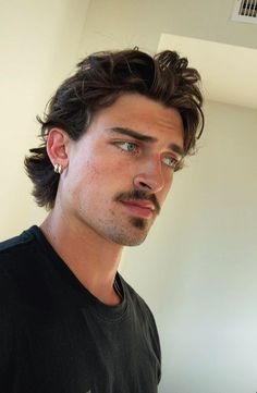 Mens With Long Hair, Male Model Long Hair Dark, Men Longish Hair, Vintage Men’s Haircut, Man Hairstyles Long, Men’s Midlength Haircuts, Men With Long Hair And Mustache, Men’s Hair Styles Long, Man With Fluffy Hair