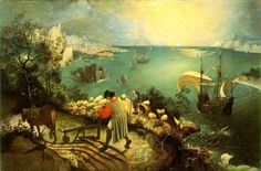 a painting of people on the shore with boats and ships in the water behind them